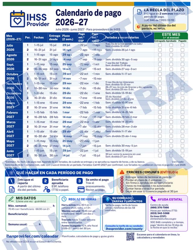 Muestra con marca de agua del calendario de períodos de pago 2026–27, de una página, para todo el estado